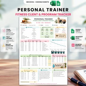 May include: A digital personal trainer fitness client and program tracker template for Microsoft Excel and Google Sheets. The document features sections for client profiles, body measurements, workout logs, nutrition tracking, and progress charts.