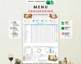 Menu Engineering Spreadsheet | Restaurant Menu Analysis | Google Sheets & Excel | Food Cost Calculator | Profit Tracker | Chef Log | A4 + US