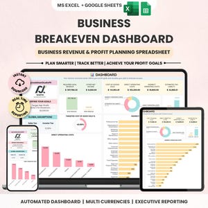 Może przedstawiać: Cyfrowy pulpit nawigacyjny progu rentowności dla MS Excel i Google Sheets wyświetlany na laptopie, tablecie i smartfonie. Interfejs zawiera narzędzia do planowania finansowego, wykresy przychodów i zysków oraz wizualizacje danych.