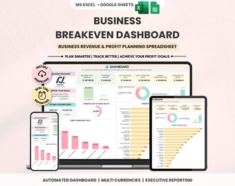Kalkylator för företagsbreakeven | Excel och Google Sheets | Kalkylblad för vinstplanering | Intäktsspårning | Instrumentpanel för breakeven-analys