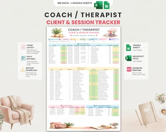 Coach Client Tracker | Therapist Session Log | Google Sheets & Excel | Client Management | Follow Up Tracker | Trainer Log | A4/US Letter