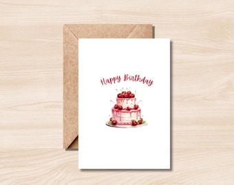 May include: A white birthday cake with pink frosting and red cherries on top. The cake is on a white plate and the text "Happy Birthday" is written in red above the cake.