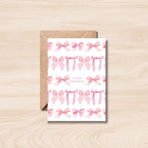 Cartão de aniversário com laço rosa – Cartão de aniversário fofo para impressão – Download digital instantâneo