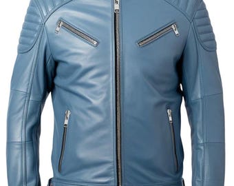 Men's Blue Faux Leather Café Racer Jacket Slim Fit Biker Style Retro Jacket