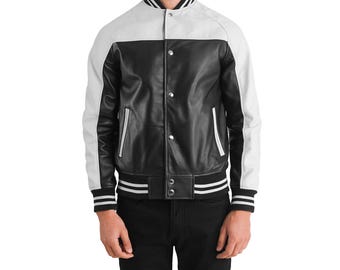 Men’s Faux Leather Bomber Jacket Vintage Retro Varsity Style Biker Jacket