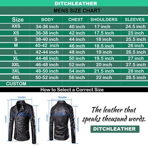 May include: A size chart for men's leather jackets, with measurements in inches for body, chest, shoulders, and sleeves. The chart includes sizes from XXS to 4XL, with a custom option. The image also features a black leather jacket and the text "The leather that speaks thousand words."