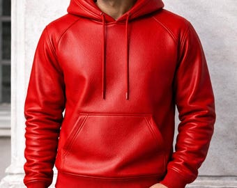 Men’s Real Leather Hoodie Jacket – Handmade Red Lambskin Hooded Sweatshirt Pullover, Winter Warm Streetwear