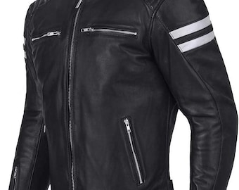 Men’s Slim-fit Vintage Cafe Racer Motorcycle White Stripe Black Leather Jacket