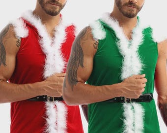 Men’s Christmas Vest Costume – Red & Green Holiday Santa Vest with Faux Fur Trim