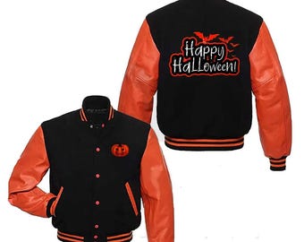 Handmade Unisex Happy Halloween Pumpkin Black – Orange Varsity Full-Snap Wool/Leather Bomber Jacket.