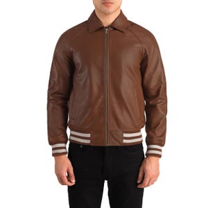 Men’s Walton Faux Leather Varsity Jacket – Classic Biker Letterman Style, Retro Bomber Jacket for Men, Vegan Leather Streetwear