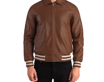 Men’s Faux Leather Bomber Jacket Vintage Retro Varsity Style Biker Jacket