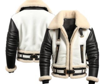 Men’s B3 Shearling Aviator Pilot Jacket Black & White Sheepskin Winter Fur Jacket