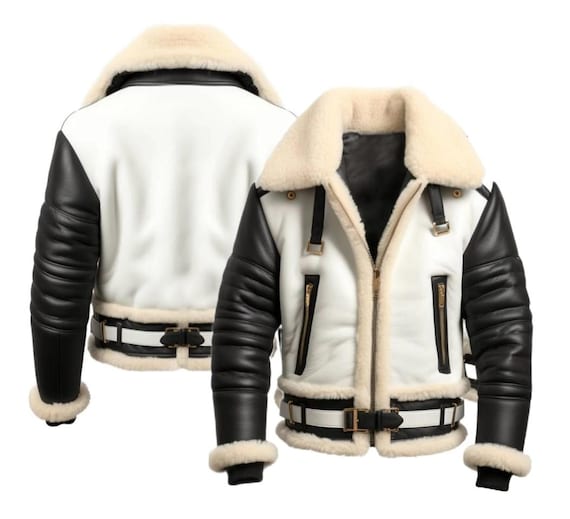 Men’s B3 Shearling Aviator Pilot Jacket Black & White Sheepskin Winter Fur Jacket