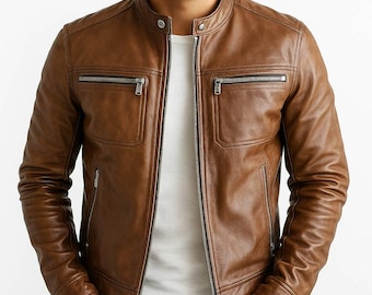 Men’s Brown Leather Biker Jacket Slim Fit Café Racer Moto Jacket