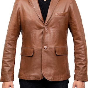 Men&#39;s Genuine Lambskin Leather Blazer – Classic Notched Collar | Casual Coat |Handmade Bond Style Jacket