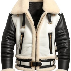 May include: A white and black leather jacket with a cream-colored shearling collar and lining. The jacket features black sleeves, gold zippers, and a white belt with a gold buckle. The jacket has a classic aviator style.