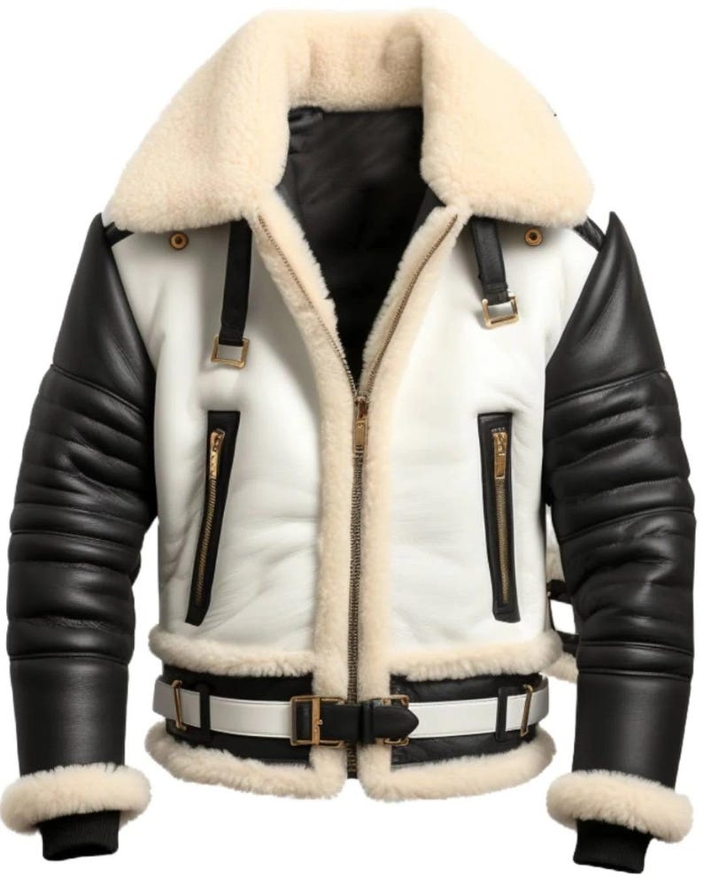 May include: A white and black leather jacket with a cream-colored shearling collar and lining. The jacket features black sleeves, gold zippers, and a white belt with a gold buckle. The jacket has a classic aviator style.