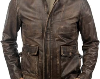 Men’s Indiana Leather Jacket-The Harison-Jones Vintage Brown Bomber Leather Jacket for Raider’s