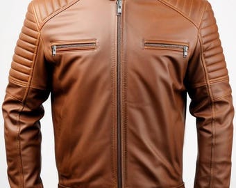 Men’s Classic Brown Café Racer Jacket Vintage Biker Style Real Lambskin Leather Motorcycle Jacket