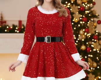 Women’s Sequin Santa Dress Christmas Costume – Red Glitter Holiday Party, Fluffy Trim & Belt Coat