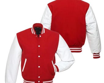 Men’s Varsity Letterman Jacket Handmade College Baseball Bomber Wool Body with Leather Sleeves Jacket