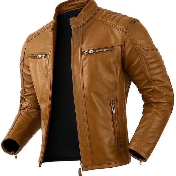 Handmade Mens Tan brown Leather Jacket – Real Lambskin Slim Fit biker Jacket