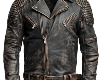 Men’s Vintage Brando Distressed Biker Leather Jacket - Slim Fit Café Racer Black Jacket