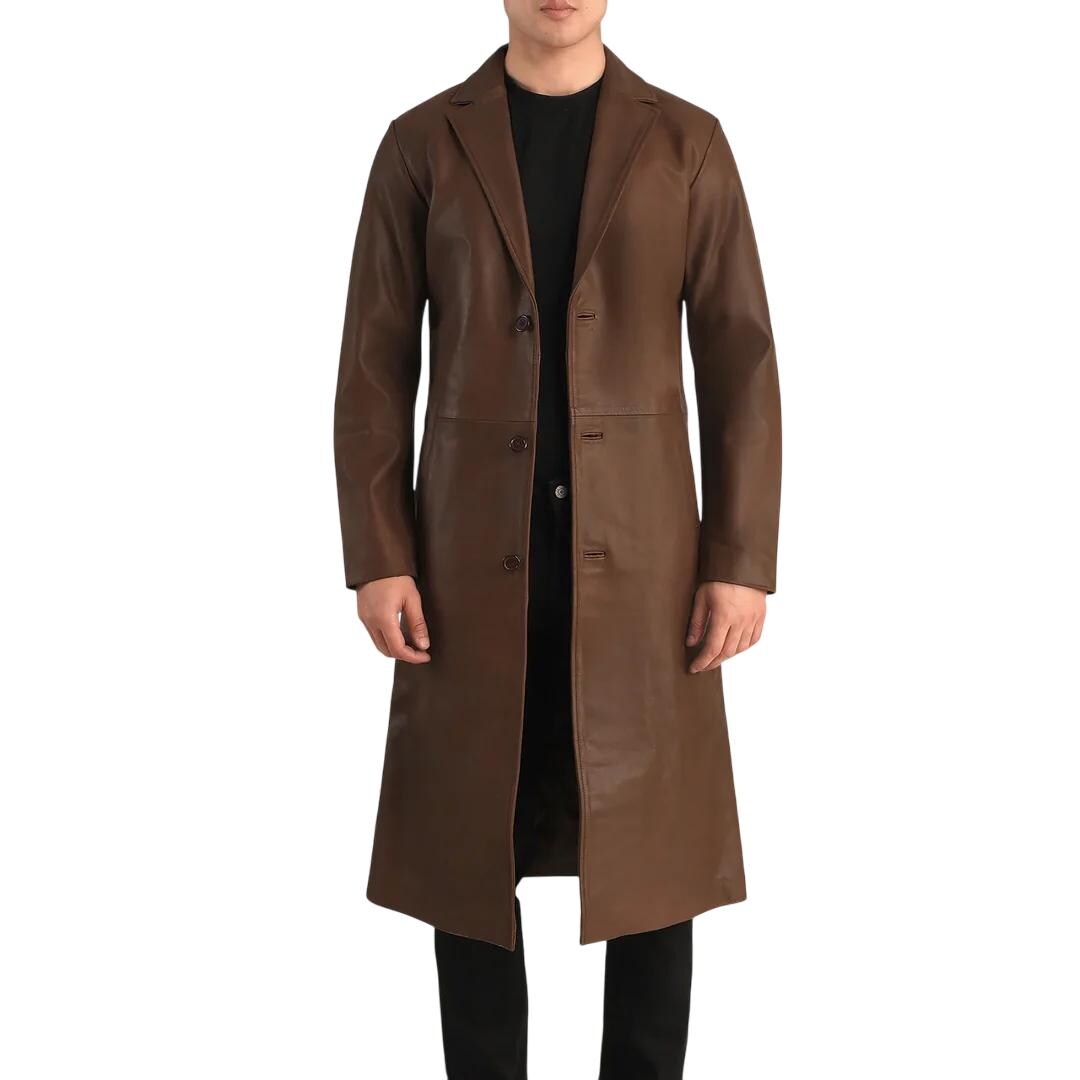 Men's Leather Trench Single Breasted Coat Vintage German Classic