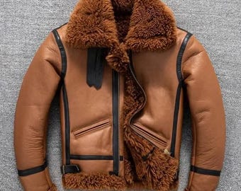 Men’s B3 Shearling Leather Jacket, Vintage Aviator Bomber Coat, Real Sheepskin Winter Jacket