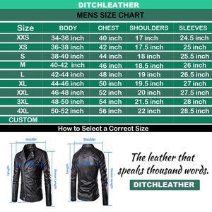 Op de afbeelding: Een maattabel voor leren jassen voor heren, met afmetingen in inches voor lichaam, borst, schouders en mouwen. De tabel bevat maten van XXS tot 4XL, met een aangepaste optie. De afbeelding toont een zwarte leren jas en de tekst "The leather that speaks thousand words."