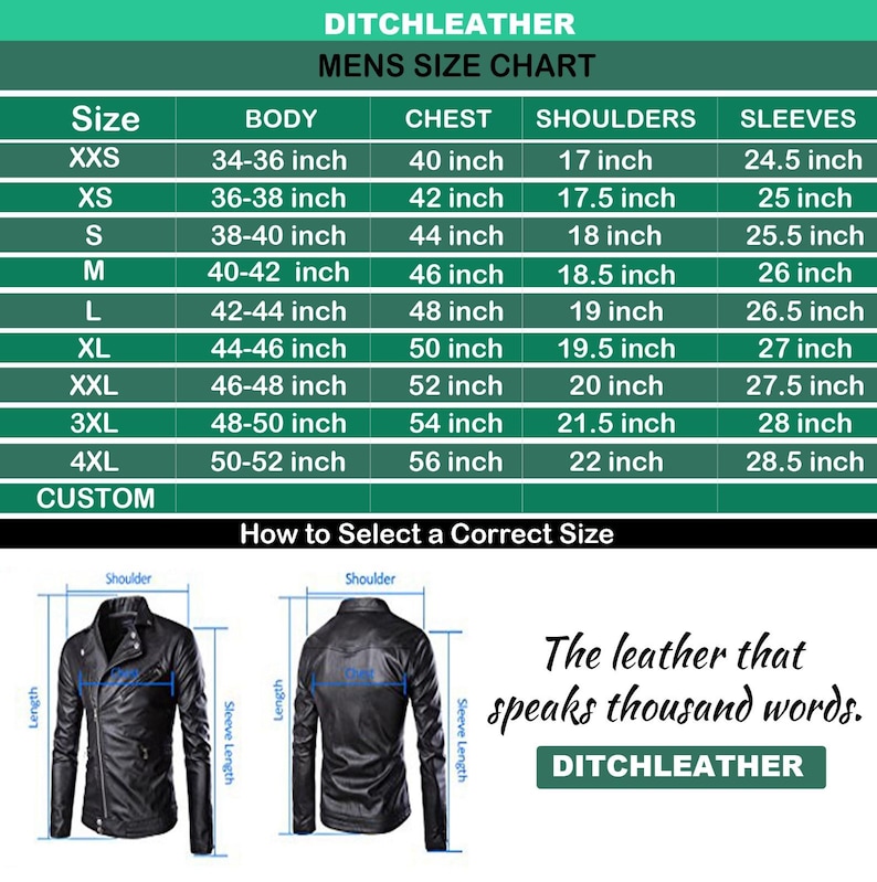 Op de afbeelding: Een maattabel voor leren jassen voor heren, met afmetingen in inches voor lichaam, borst, schouders en mouwen. De tabel bevat maten van XXS tot 4XL, met een aangepaste optie. De afbeelding toont een zwarte leren jas en de tekst "The leather that speaks thousand words."