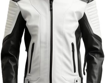 Men’s Black White Faux Leather Jacket Handmade Cafe Racer Moto Racing Slim Fit Jacket