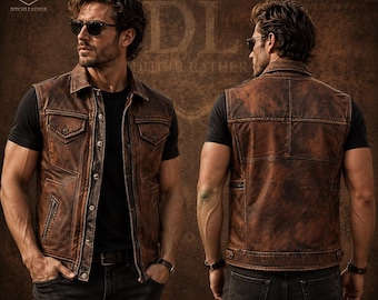 Chaleco motero vintage de cuero marrón desgastado para hombre, chaqueta de motociclista Café Racer sin mangas hecha a mano