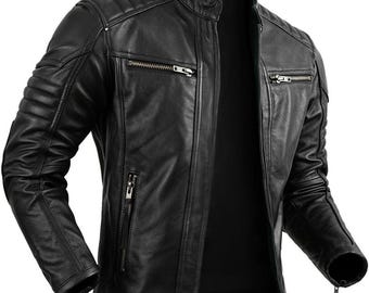 Handmade Mens black Leather Jacket – Real Lambskin Slim Fit Vintage Style biker Jacket