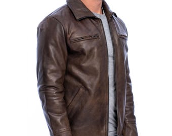 Men’s Vintage Distressed Leather Jacket Classic Motorcycle Casual Wear with Stand-Up Collar Jacket