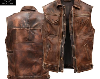 Men’s Vintage Distressed Brown Leather Biker Vest Handmade Café Racer Motorcycle Sleeveless Jacket
