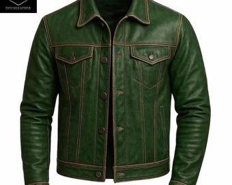 Men’s Distressed Green Leather Jacket – Vintage Motorcycle Retro Western Style Trucker Jacket