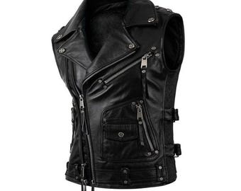 Men’s Black Cowhide Leather Biker Vest Motorcycle Café Racer Sleeveless Riding for Men