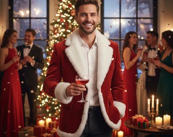 Men’s Red Velvet Santa Blazer – Christmas Fur Trim Holiday Jacket, Xmas Party Outfit Coat