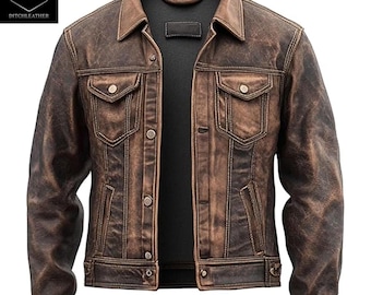 Men’s Vintage Genuine Leather Jacket Distressed Brown Motorcycle Retro Western Style Trucker Jackets