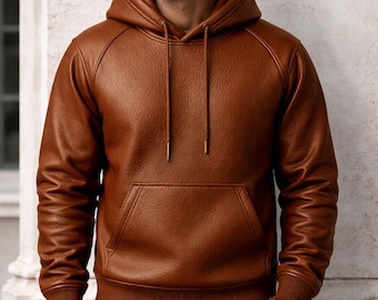 Men’s Real Leather Hoodie Jacket – Handmade Brown Lambskin Hooded Sweatshirt Pullover, Winter Warm Streetwear