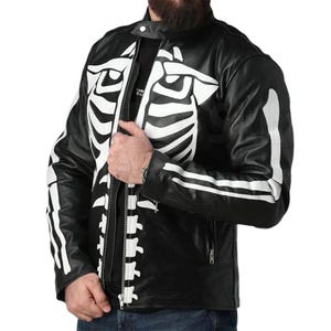 Men’s Skeleton Bones Black Leather Jacket – Café Racer Motorcycle Handmade Skull Jacket Design for Halloween and Cosplay