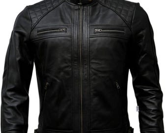 Men’s Classic Quilted Diamond Cafe Racer Biker Jacket Black Lambskin Motorcycle Vintage Jacket