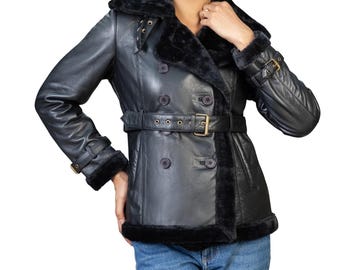 Women’s Black Shearling Leather Jacket Double Breasted With Fur Lining Biker Style Jacket