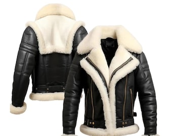 Men’s B3 Shearling Bomber Leather Jacket Aviator Sheepskin Coat RAF Style Biker Jacket