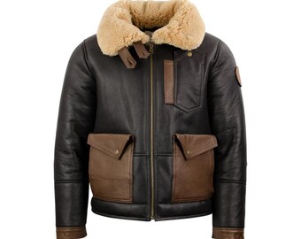 Men’s Shearling Sheepskin Leather Bomber Jacket Handmade RAF Flying Pilot Fur Winter Jacket