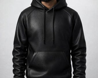 Men’s Real Leather Hoodie Jacket – Handmade Black Lambskin Hooded Sweatshirt Pullover, Winter Warm Streetwear