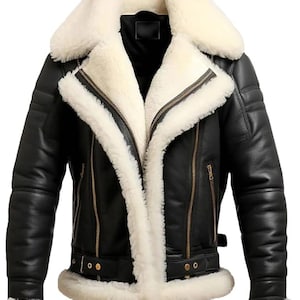 Herren RAF B3 Aviator Schaffell Lederjacke mit Pelzkragen und verstellbarem Taillengürtel - Handgefertigte Lammfell-Bomberjacke.