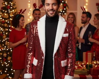 Men’s Red Sequin Santa Blazer – Christmas Glitter Holiday Party Jacket, Festive Fur-Trim Costume Coat